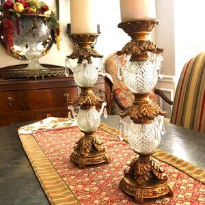NWT ALEXANDRA'S ACCENTS Pair Antique Gold Cut Crystal Pillar Candle Holders 15"